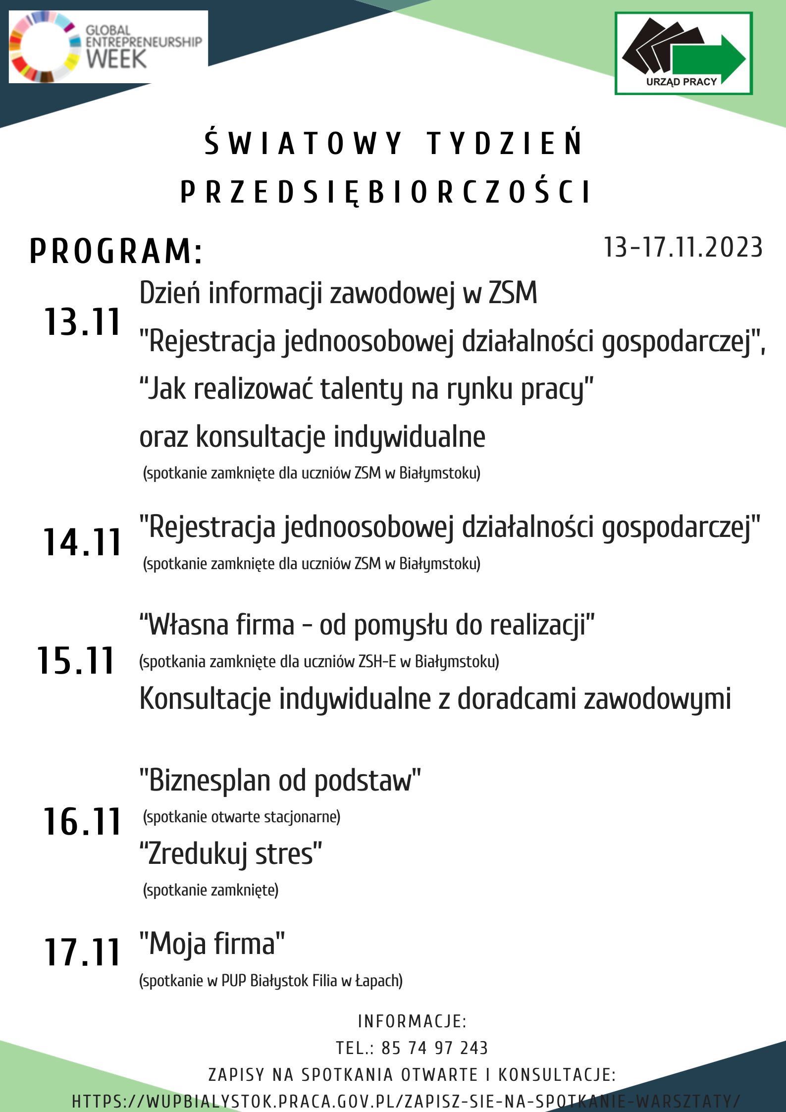 Harmonogram działań w ramach Światowego Tygodnia Przedsiębiorczości 2023