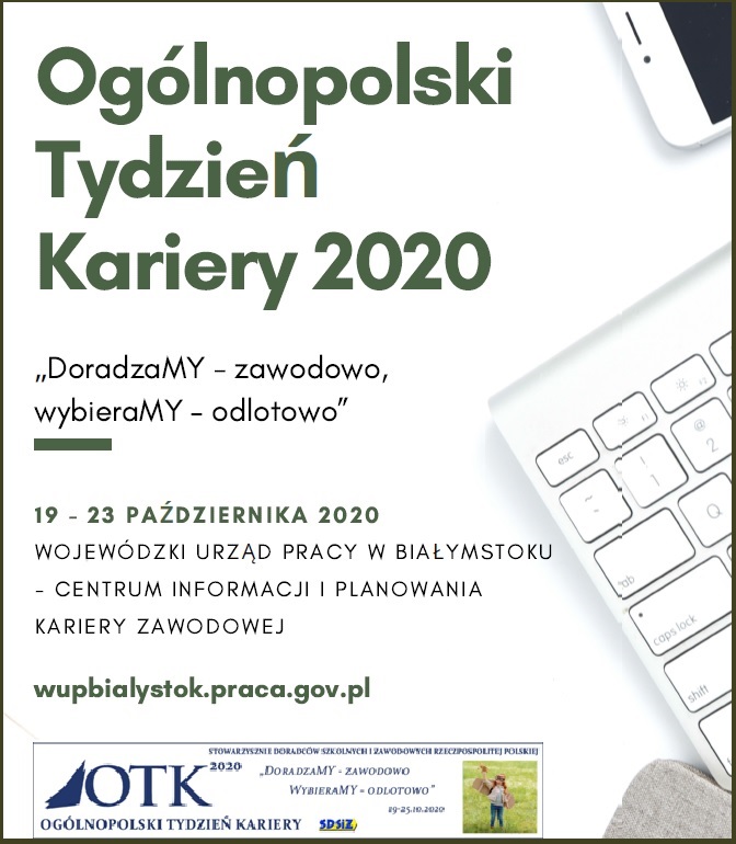 Plakat OTK 2020: na jasnym tle napis Ogólnopolski Tydzień Kariery 2020, w prawej części plakatu widoczny fragment klawiatury oraz smartfona