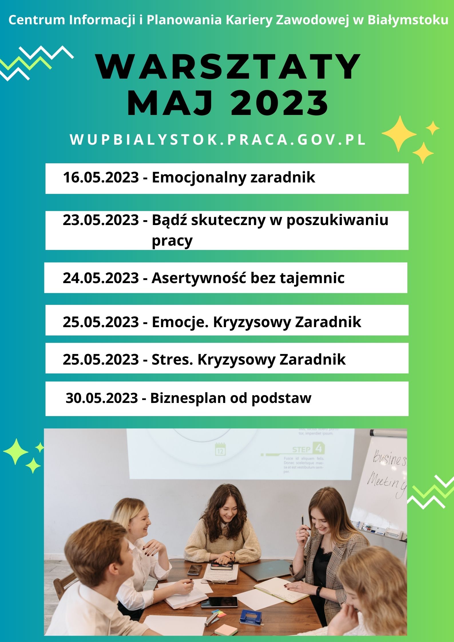Plakat z ofertą warsztatową na maj 2023