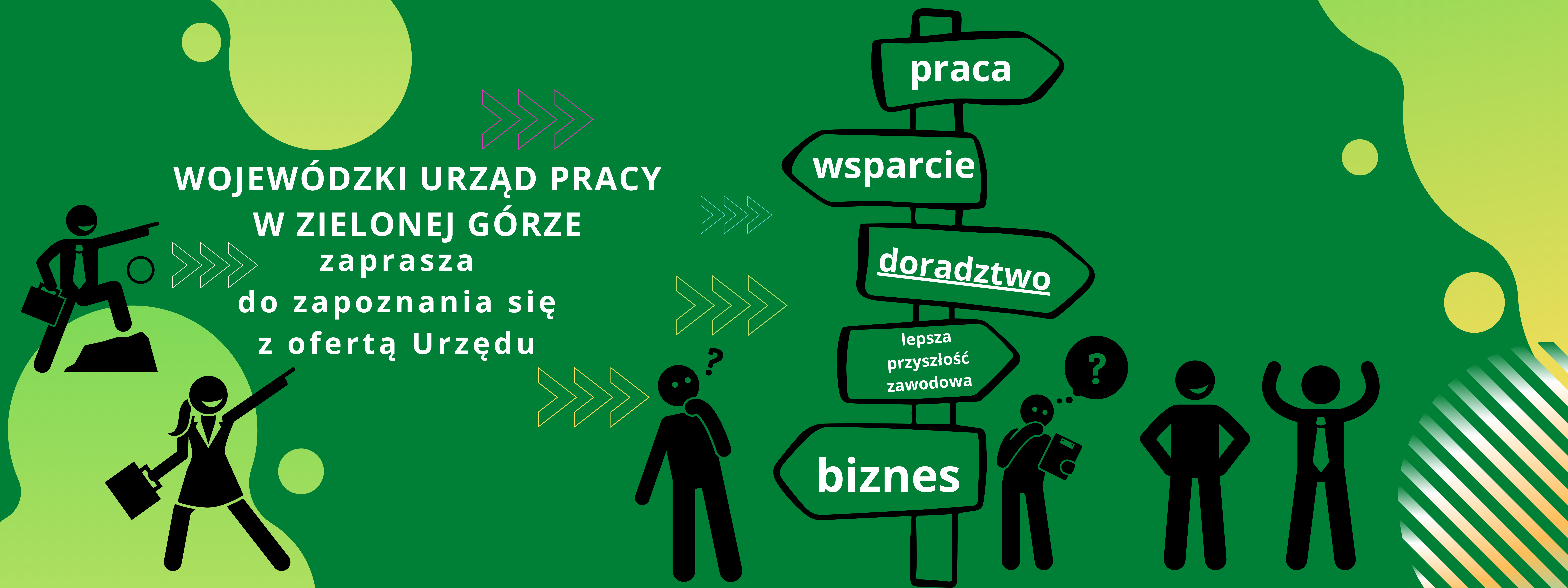 na rysunku postacie wskazujące napis WUP w Zielonej Górze zaprasza do zapoznania się z ofertą Urzędu oraz postacie stojące przy drogowskazie z napisami praca, wsparcie, doradztwo, biznes, lepsza przyszłość zawodowa