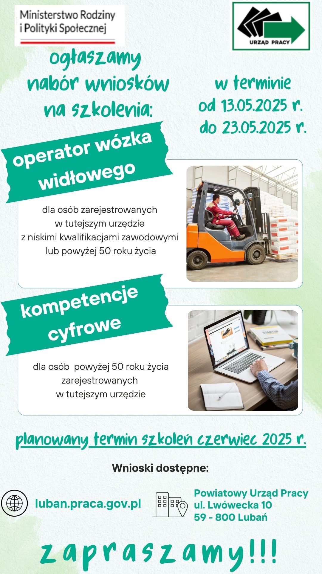 Zdjęcie artykułu Rozpoczynamy nabór wniosków na szkolenia: operator wózka widłowego oraz kompetencje cyfrowe