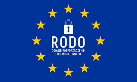 Grafika w kolorze niebieskim na której znajduję się napis RODO, znaczek kłódki i żółte gwiazdki