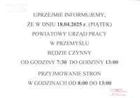 Zdjęcie artykułu ⚠️Godziny Pracy Powiatowego Urzędu Pracy – 18 kwietnia 2025 r.⚠️