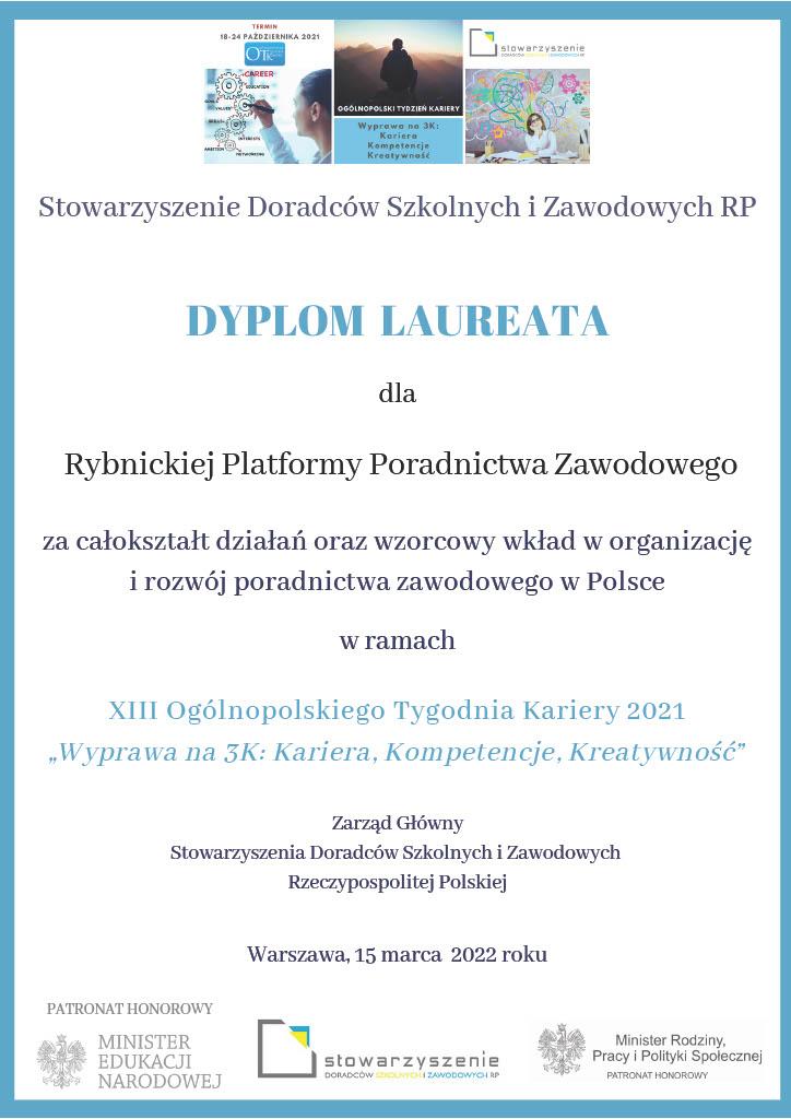 Zdjęcie galerii artykułu: Dyplom Laureata Ogólnopolskiego Tygodnia Kariery 2021 dla Rybnickiej Platformy Poradnictwa Zawodowego - Dyplom Laureata OTK 2021 Platforma Rybnik