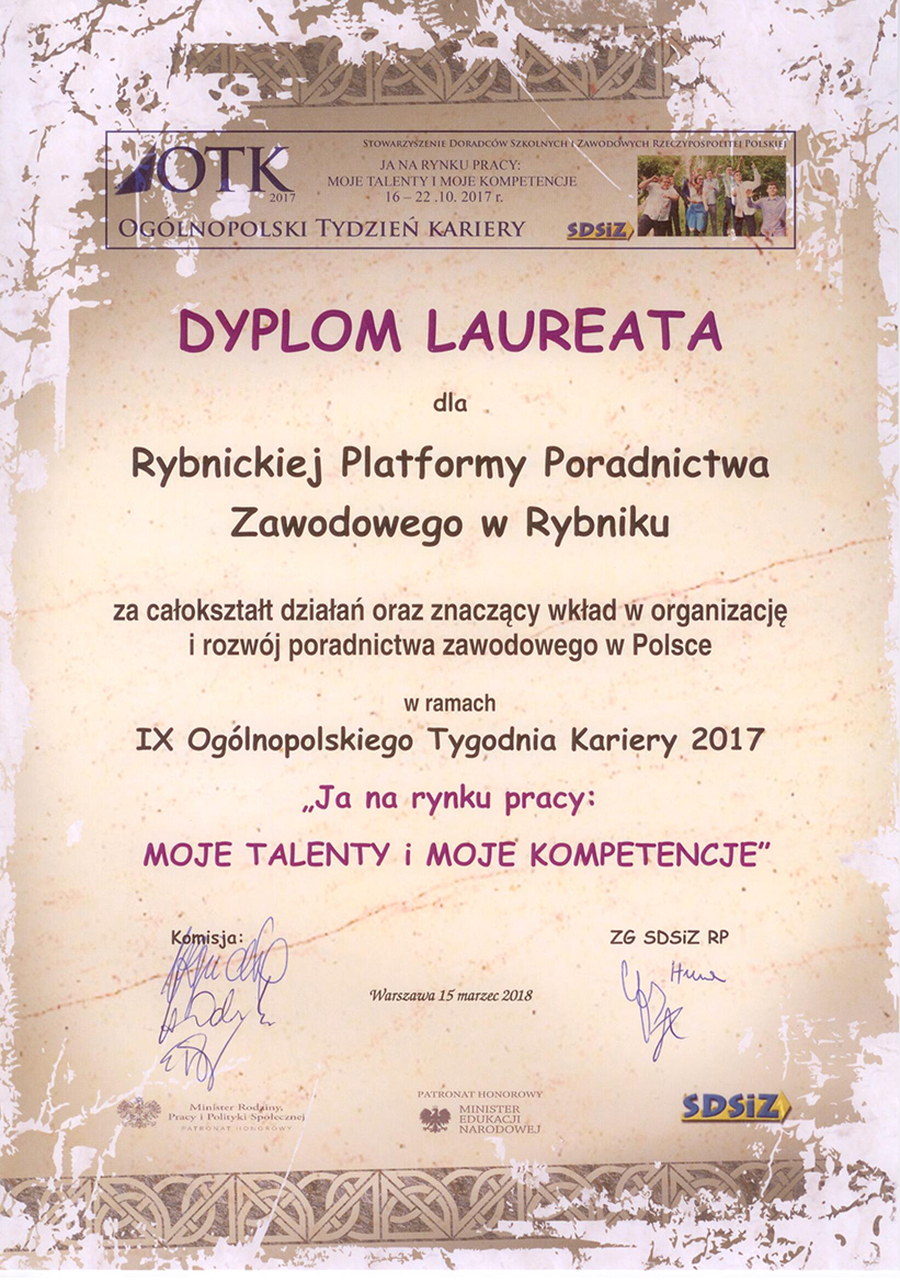 Zdjęcie galerii artykułu: Dyplom RPPZ laureatem IX OTK - Dyplom RPPZ laureatem IX OTK