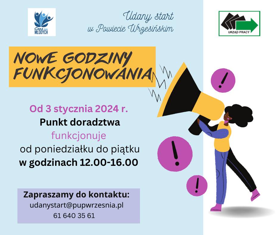 Nowe godziny funkcjonowania punktu informacyjnego w ramach projektu Udany start w powiecie wrzesińskim