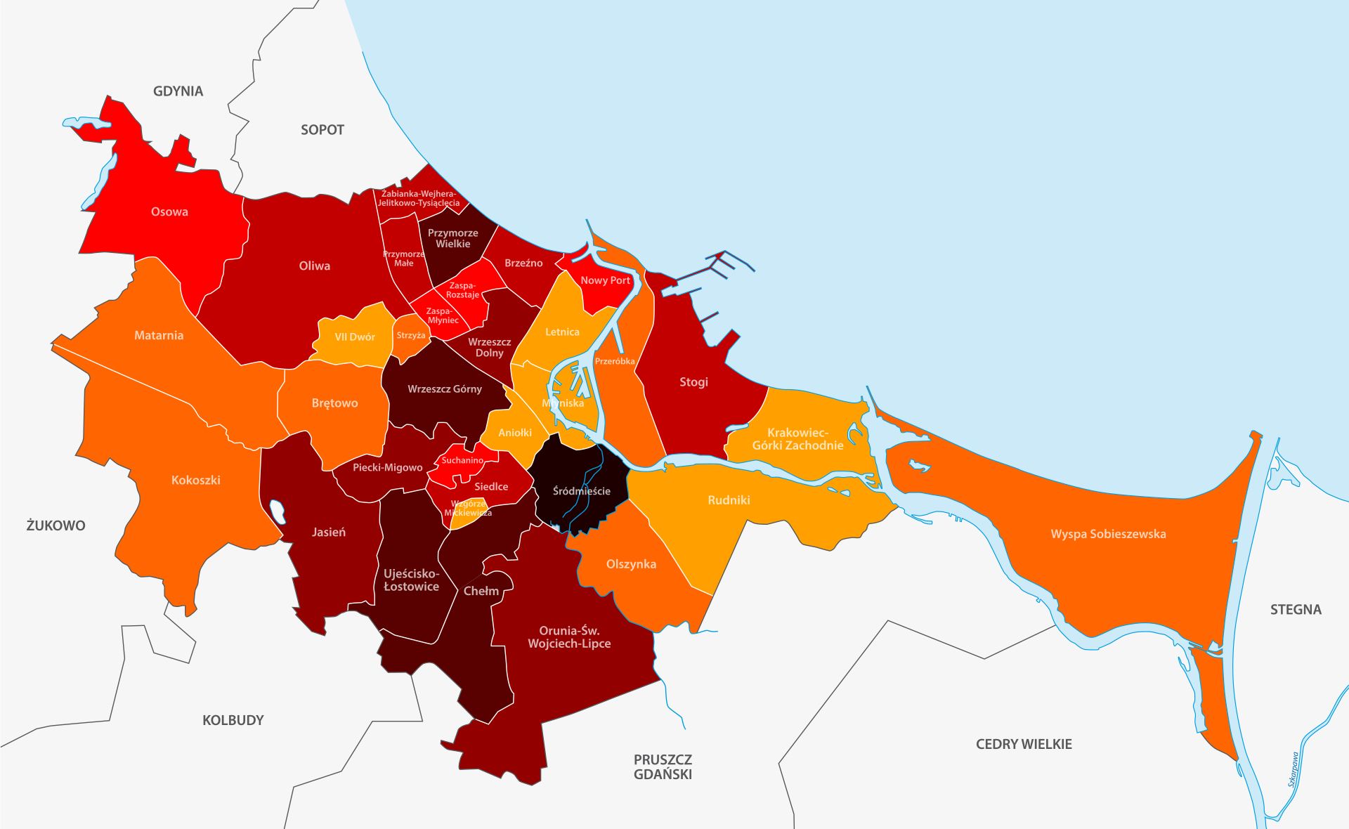 Mapa bezrobocia w Gdańsku z podziałem na dzielnice. Stan na koniec 2023 r.