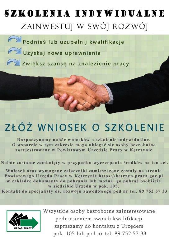 Plakat informacyjny "Szkolenia indywidualne - Zainwestuj w swój rozwój". Wszystkie osoby zainteresowane podniesieniem swoich kwalifikacji zapraszamy do kontaktu z Urzędem pok. 105 lub pod nr telefonu 89 7525733.