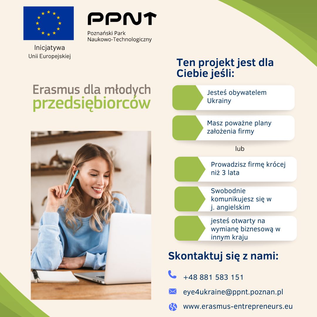 Inforgrafika w języku polskim. Młoda kobieta siedząca przed laptopem. Flaga UE. 