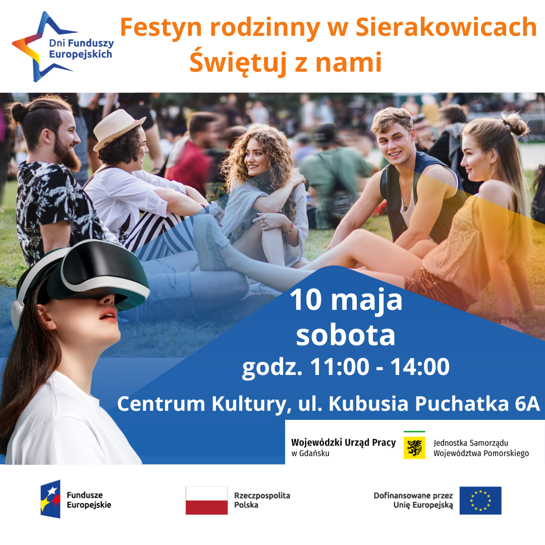 Wydarzenie dotyczy Festynu Rodzinnego z okazji Dni Funduszy Europejski. Obrazek przedstawia grupę osób. 10 maja 2025, sobota, godzina 11:00