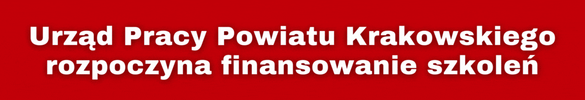 Baner zapraszający do zapoznania się z ofertą szkoleń Urzędu Pracy Powiatu Krakowskiego.