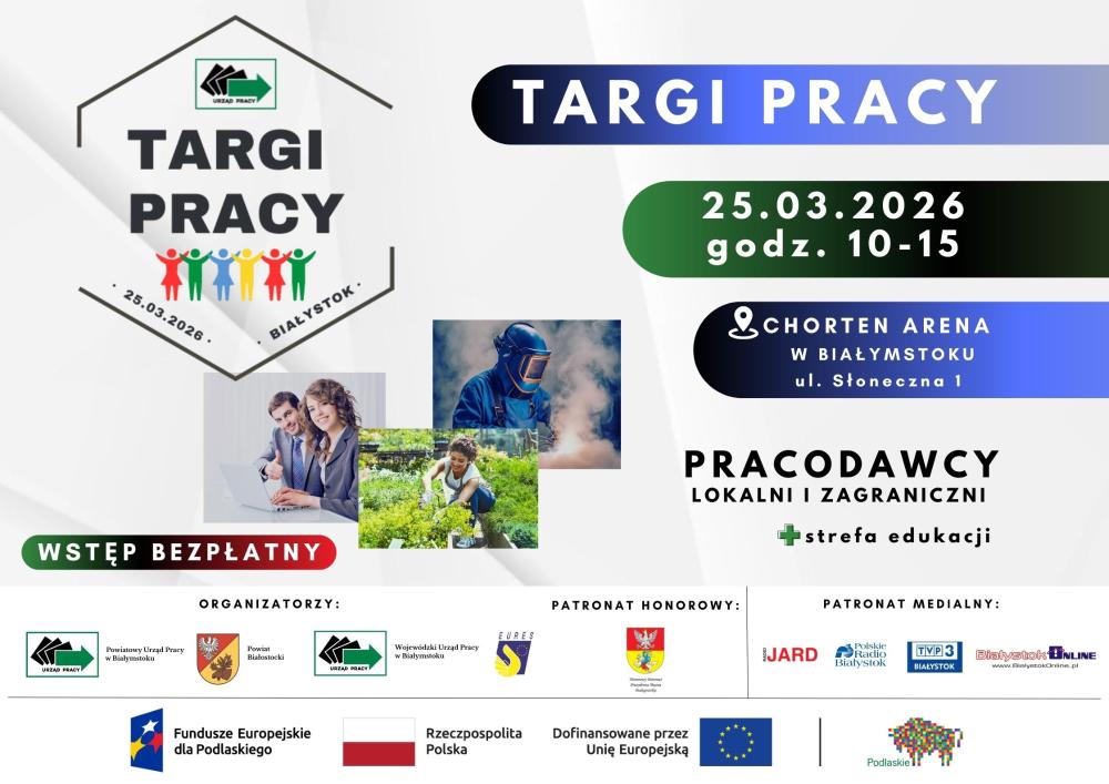 Plakat promujący targi pracy 25.03.2026 - na jasnym tle zdjęcia osób pracujących w różnych zawodach: spawacz, pracownik biurowy, pracownik sektora rolno-ogrodniczego. 