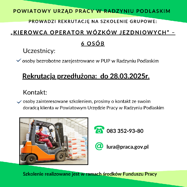 Zdjęcie artykułu Rekrutacja na szkolenie grupowe "Kierowca operator wózków jezdniowych"- przedłużenie naboru