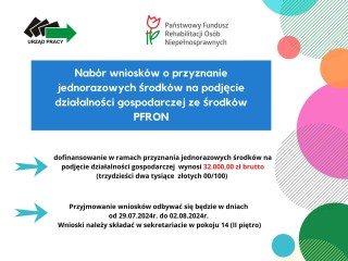 Zdjęcie artykułu Nabór wniosków o przyznanie jednorazowych środków na podjęcie działalności gospodarczej ze środków PFRON